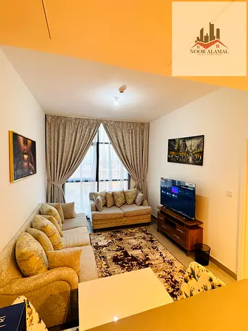 Sharjah, Al Mamsha area, one bedroom and living room, super deluxe, first occupancy, brand new furnishings, hotel-style finishing. ✨️🌸 Price: 6000 AE