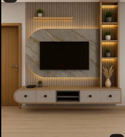 Modern Wall Mounted Entertainment Center with Marble Texture and LED Lighting