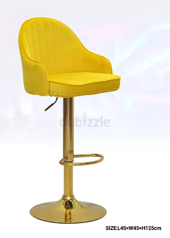 Yellow Velvet Hydraulic Bar Stool with Gold Base (Adjustable, Footrest)