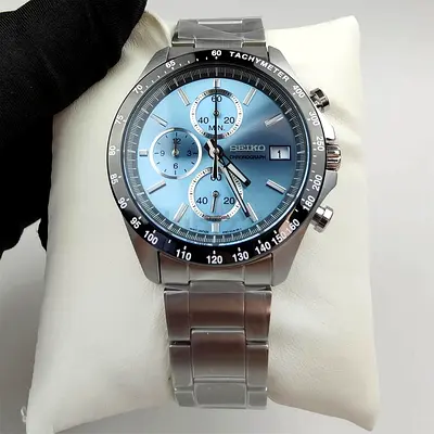 Seiko Chronograph Mens Stainless Steel Watch with Blue Dial