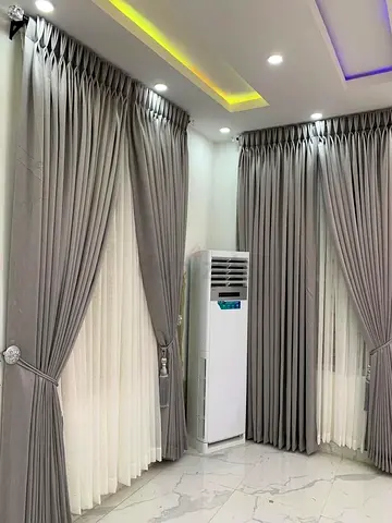 Set of light grey full-length pleated curtains with sheers - like new