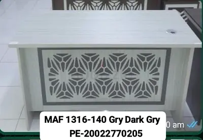 Light grey office desk with decorative panel (used)