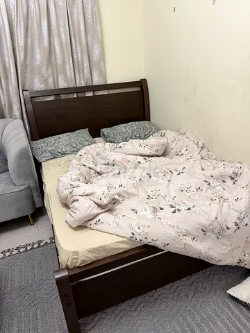Queen wooden bed frame with headboard - dark brown, good condition