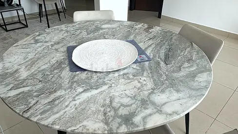 Round Marble-Effect Dining Table with Metal Legs - 4 Seater