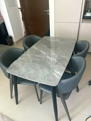 Modern 4-Seater Dining Set | Grey Ceramic Marble-Effect Table  Leather Chairs