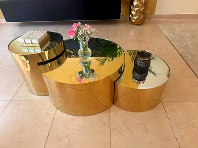 Marina Home Set of 3 Gold Mirrored Nesting Coffee Tables - Modern Oval Design