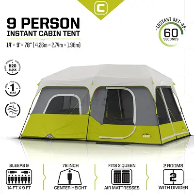 9-Person Instant Cabin Tent - Large Family Camping Tent