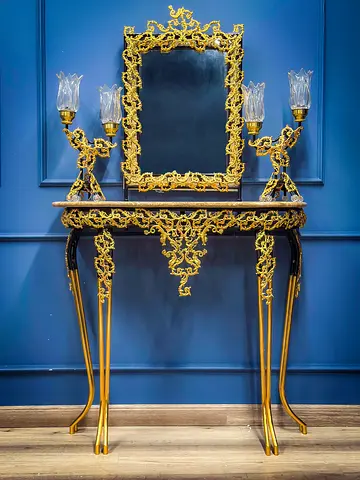 Hand made Ornate Gold Cover bronze Console Table with Matching Mirror and Candle Holders