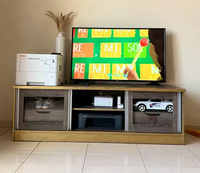 Wooden TV Cabinet with Storage Shelves and Glass Doors