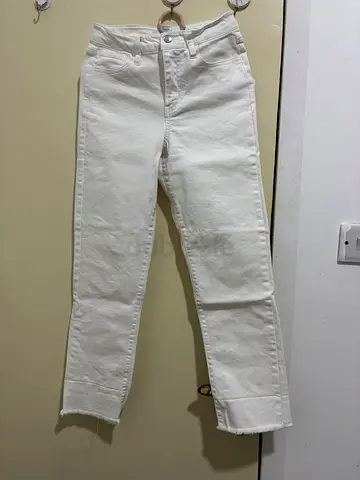Womens White Denim Jeans with Frayed Hem