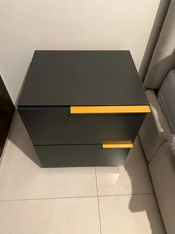 Modern gray bedside cabinet with gold handles - excellent condition