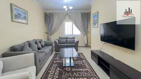 Sharjah, Al Taawun area: Furnished apartment with hotel-style furnishings, two bedrooms, living room, kitchen, three bathrooms, and maid's room. Price