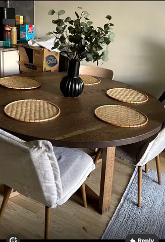 Solid oak round dining table with 4 padded chairs original price 4275 Dhs