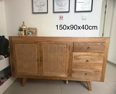 Solid Mango Wood Sideboard / Buffet with Rattan Doors - 150x90x40cm