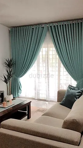 Light Teal Full-Length Curtains with Sheer White Liners - Set of Panels