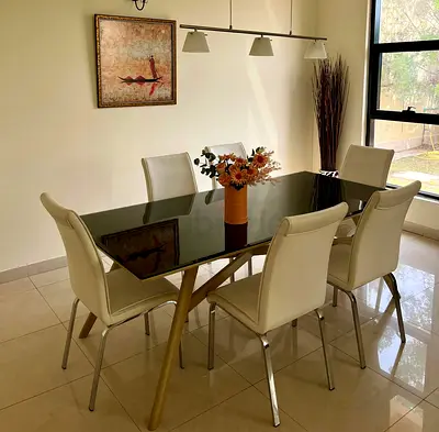 6-Seater Glass Top Dining Table with White Chairs