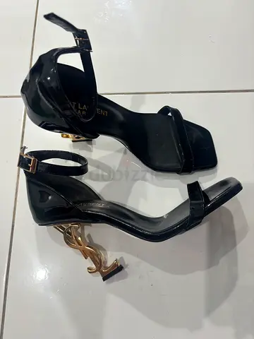 Saint Laurent Opyum Sandals in Patent Leather with Gold Logo Heel