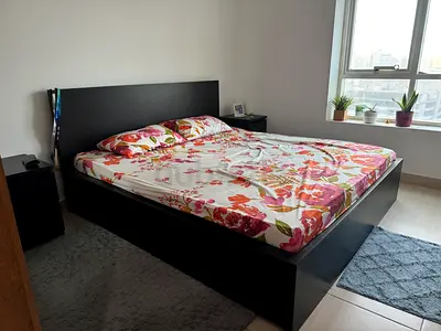 IKEA Malm-style King Bed Frame with Two Nightstands - Dark Brown/Black