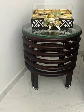 Round Glass Top Side Table with Dark Wood Spiral Base - Good Condition