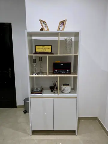 White Modern Bookcase with Lower Cabinet - Good Condition