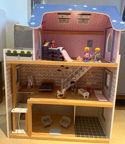 Wooden 3-Storey Dollhouse with Furniture and Figures - Good Condition