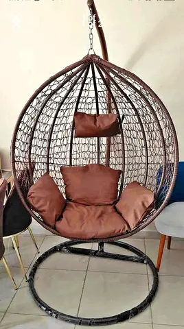 Brown Rattan Egg Swing Chair with Stand and Cushions - Good Condition