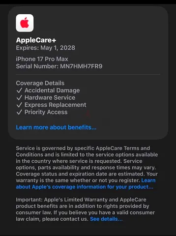 AppleCare+ coverage for iPhone 17 Pro Max (transferable, expires May 1, 2028)