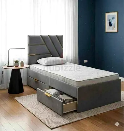 Single upholstered bed with storage drawers - grey, modern design