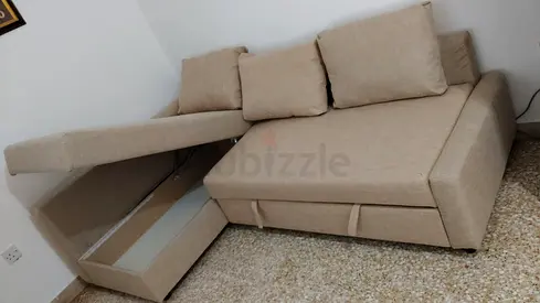 Beige L-shaped Sofa Bed with Storage, Good Condition