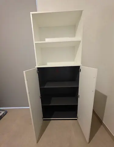 Pantry/office White Tall Storage Cabinet with Open Shelves and Double-Door Cupboard