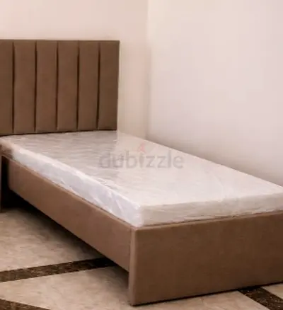 Single bed frame with mattress - beige upholstered, good condition