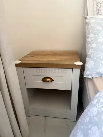 Small bedside table/nightstand with drawer and shelf - light grey and oak top