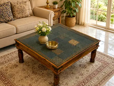 Marina wooden vintage coffee table with inside marble design Top Glass