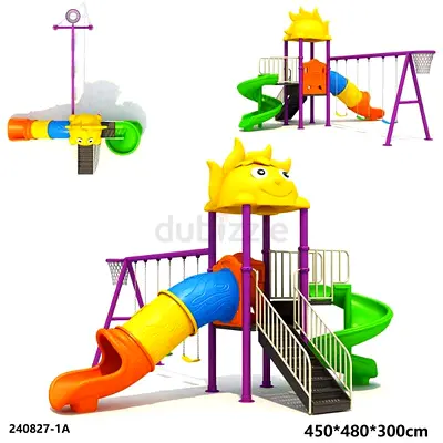 Backyard fitness swing set, with three swings, two slides, a basketball hoop and a climbing staircas