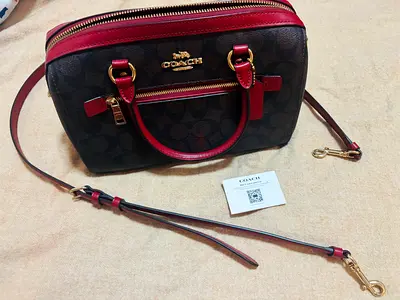 Coach Signature Canvas Crossbody Satchel with Red Leather Trim