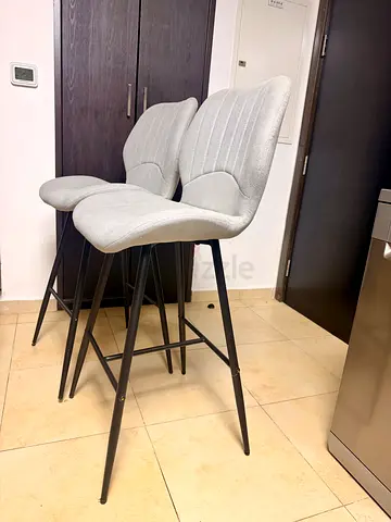Set of 2 Grey Fabric Bar Stools with Metal Legs - Good Condition