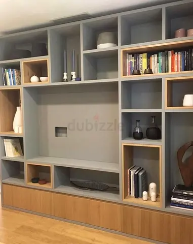 Custom Built-in Wall Entertainment Unit / Bookshelf - Grey  Wood Finish