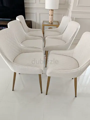 Set of 6 Cream Upholstered Dining Chairs with Gold Legs