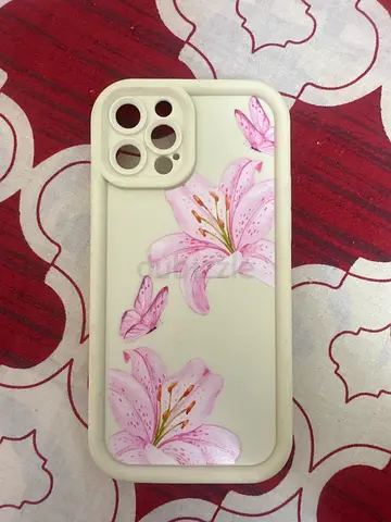 White silicone iPhone case with pink floral design