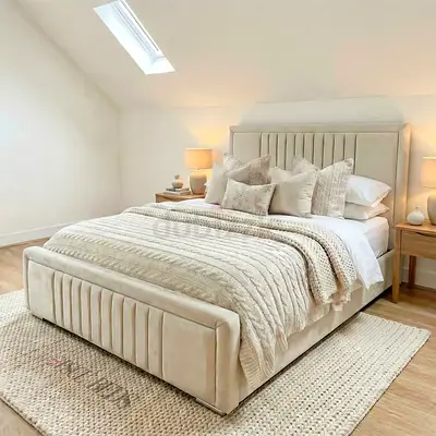 Beige Upholstered Double Bed with Padded Headboard and Footboard