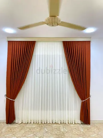 Pair of Brown Pleated Curtains with Sheer White Voile - Ready to Hang