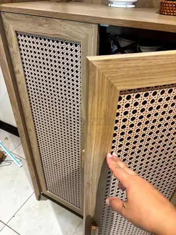 Pair of wooden cabinet/wardrobe doors with cane/rattan panels - used