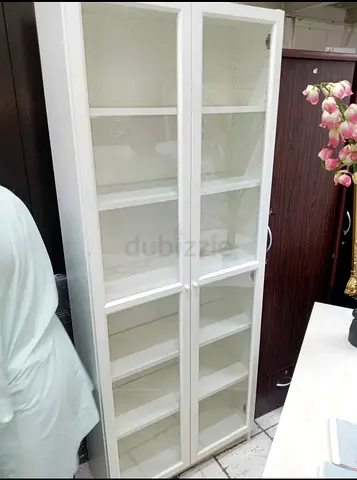 White Glass-Door Display Cabinet / Bookcase - Tall, 6 Shelves