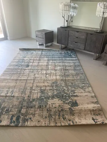 Turkish Wool Large Modern Abstract Area Rug - Soft Blue  Cream, Excellent Condition