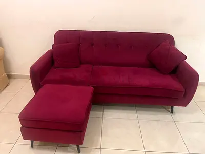 Compact 3- Seater Burgundy Velvet Sofa with Ottoman - Good Condition