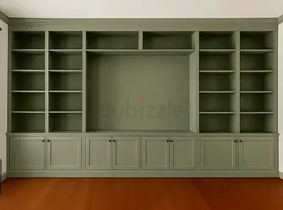 Custom Built-in Wall Unit with Shelves and Cabinets - Green Finish