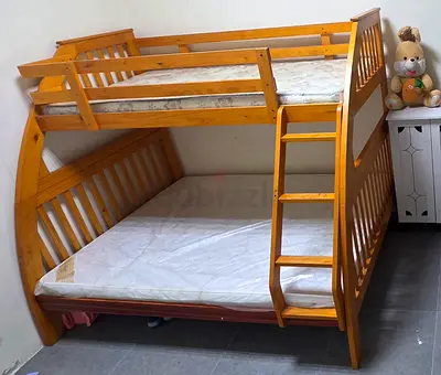 Solid Wood Bunk Bed with Ladder — Double on Bottom, Single on Top