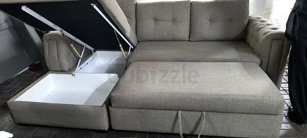 3-Seater L-Shaped Storage Sofa Bed in Grey Fabric (Convertible)