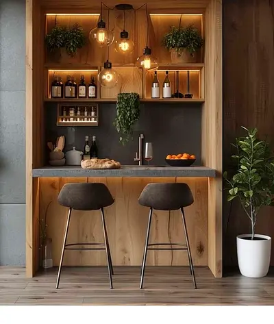 Modern Wooden Bar Table with Integrated Shelving and Lighting