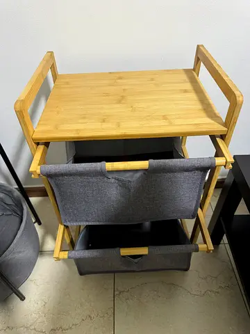 Compact bamboo kitchen trolley with two fabric storage baskets